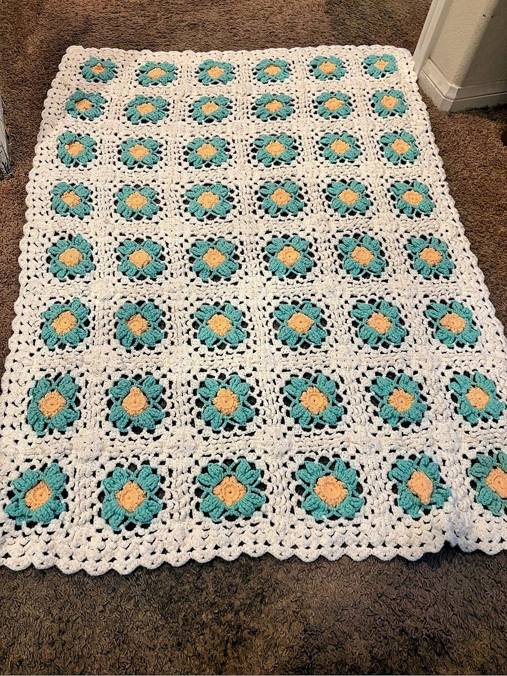 Crochet Floral Quilt in White & Turquoise